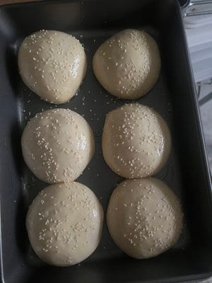 Egg-washed and sprinkled with sesame, ready for the oven
