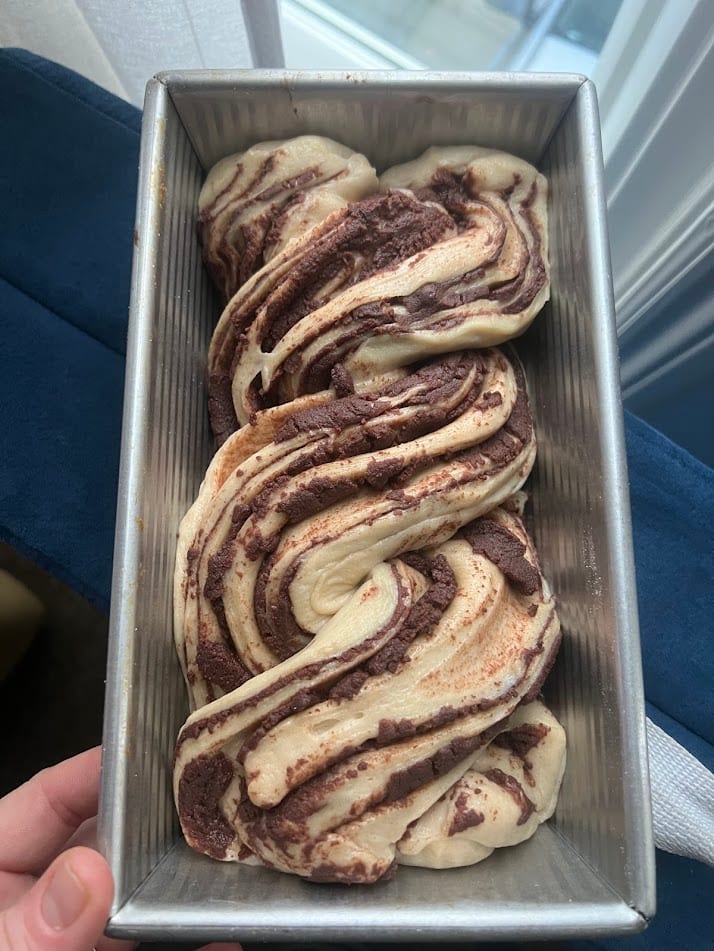 Cut, twisted, and in the pan before the overnight proof