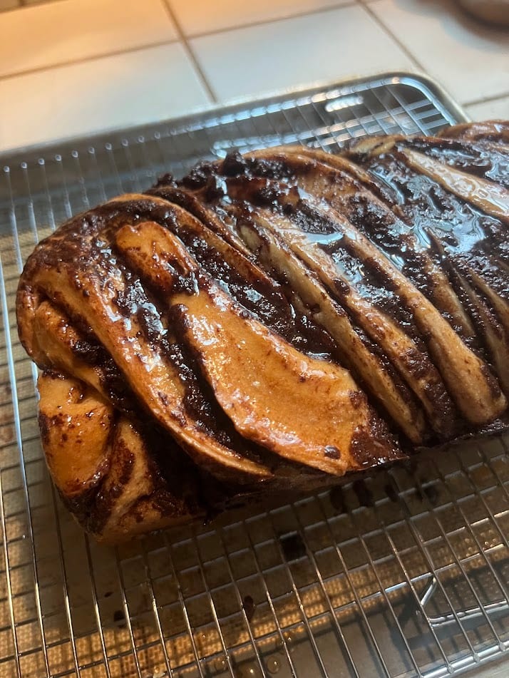 Finished chocolate babka loaf sliced