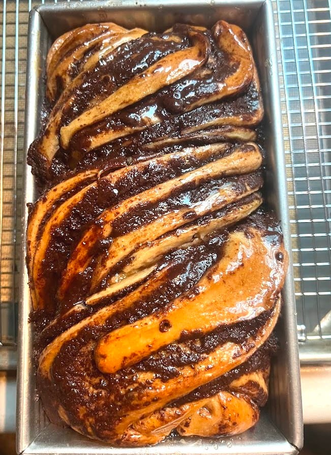Chocolate babka loaf with swirled chocolate layers