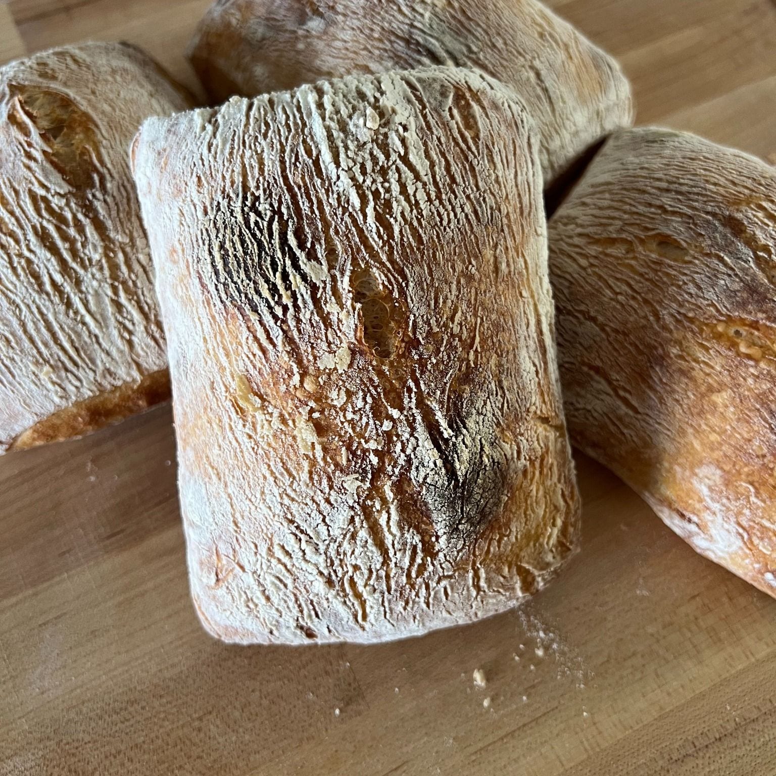 Ciabatta rolls with open airy crumb