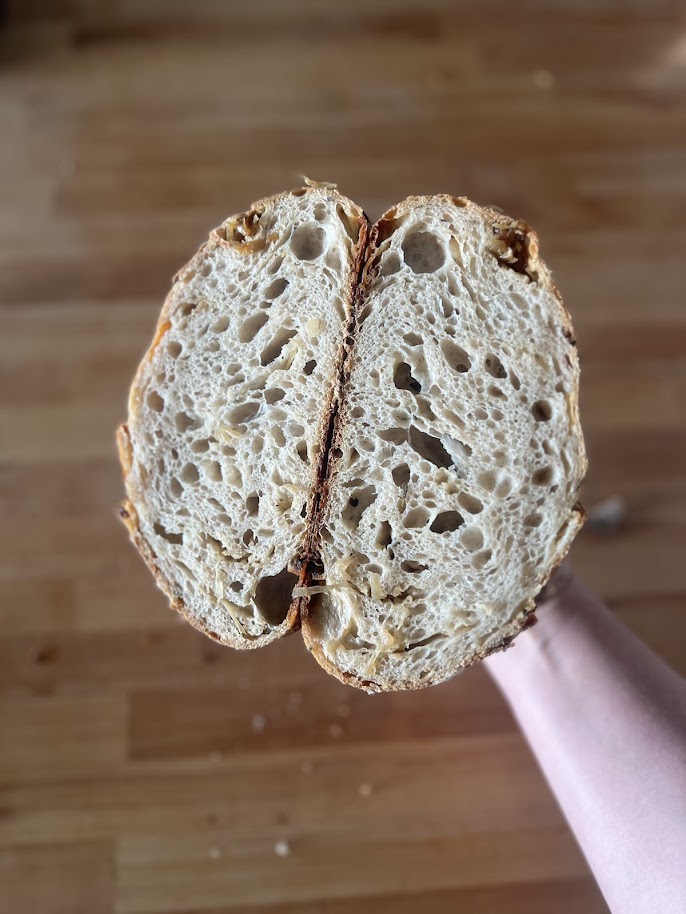 The crumb, ribboned with caramelized onion