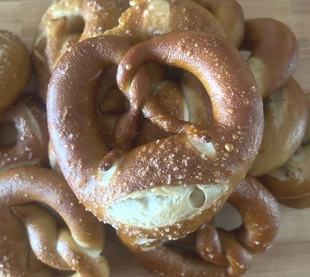German pretzels with deep brown crust and pretzel salt