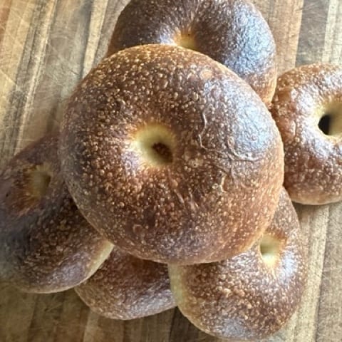 Batch of chewy golden sourdough bagels