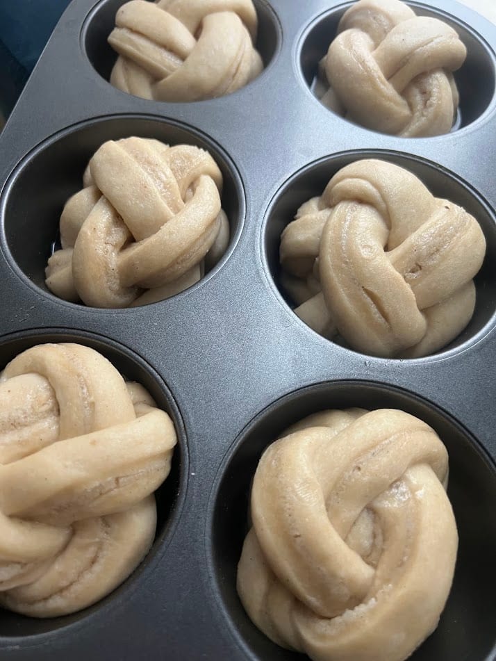 Buns after final proof, right before the oven.