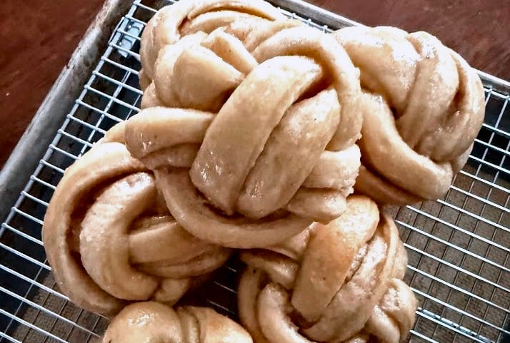 Glazed triple vanilla sourdough buns